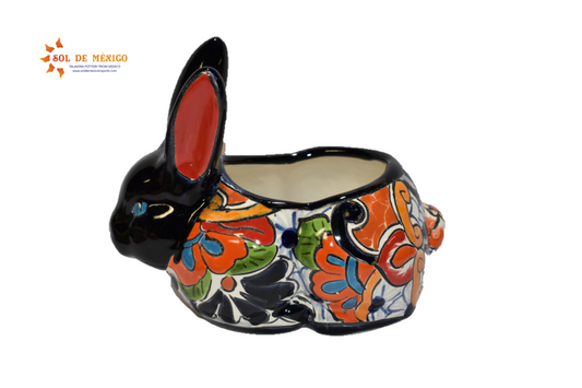 Rabbit Planter, Talavera Puebla White Pottery Design, Ceramic Rabbit Flowerpot