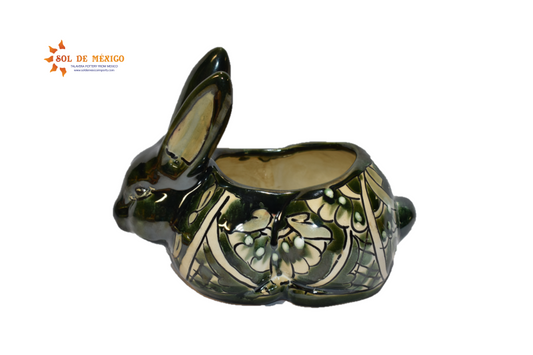 Rabbit Planter, Talavera Green Pottery Design, Ceramic Rabbit Flowerpot