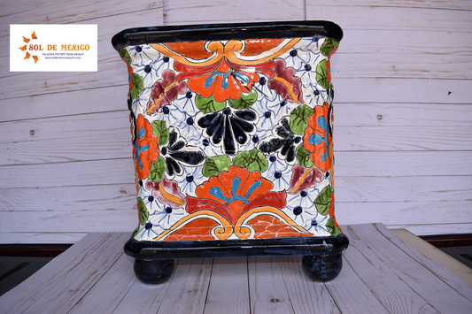 Square Flowerplanter Handcrafted Talavera White Puebla