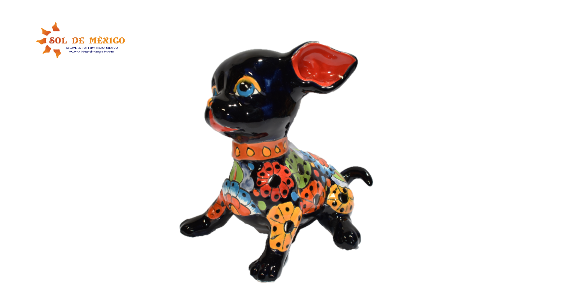Sitting Flowers Design Chihuahua Puppy Handmade Mexican Pottery