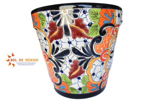 Ceramic flowerpot, colorful Talavera Puebla White Design
