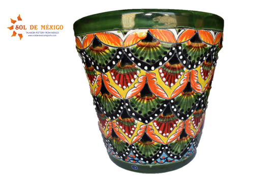 Ceramic flowerpot, Classic Peacock Green and Red Design