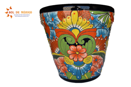 Ceramic flowerpot, colorful Talavera Puebla Design